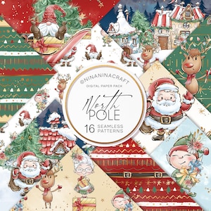 May include: A digital paper pack with 16 seamless patterns featuring a North Pole theme. The patterns include illustrations of Santa Claus, elves, reindeer, gnomes, and winter scenes. The patterns are in a variety of colors, including red, green, white, and gold.