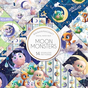 Niedliche Mond Monster Muster, Sterne Digitale Papiere von NinaNinaCraft, Paper Pack, Patchwork, Stoffdesign, Critters, Tiere