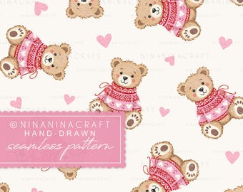 Valentines Teddy Bear Seamless Pattern by NinaNinaCraft: Chiffon, Pink and Red Preppy Valentine's Day Love Hearts (Digital Download)