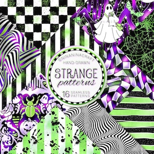 Étranges motifs d'Halloween sans couture, papier numérique NinaNinaCraft, scarabée vert fluo, tissu damier violet trippant, rayures groovy