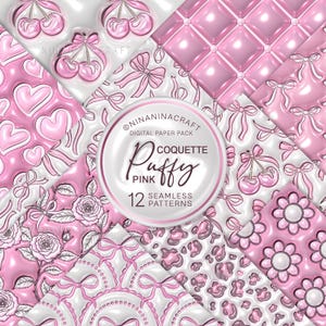 Puede incluir: Un paquete de papel digital con 12 patrones sin costuras en un esquema de color rosa y blanco. Los patrones incluyen cerezas, lazos, corazones, flores y lunares. El texto "Coquette Puffy Pink" y "12 Seamless Patterns" está incluido en la imagen.