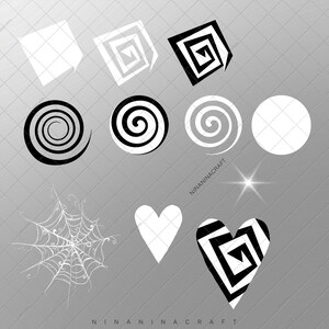 May include: A set of black and white graphic design elements, including squares, circles, spirals, hearts, and a spider web. The designs are on a gray background with a white grid pattern.