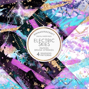 May include: Digital paper pack with four seamless patterns featuring abstract brush strokes in shades of pink, purple, blue, and teal with gold glitter accents and stars. The text "Electric Skies" is in a circle with the text "Papers Brush Strokes 4 Seamless Patterns".