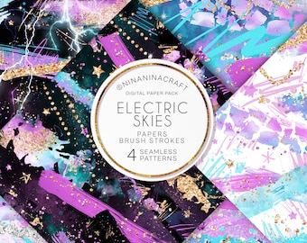 Electric Galaxy Digital Papers, Seamless Brush Stroke Patterns by NinaNinaCraft, Paint Brush Surface Patterns, Abstract Glitter Sparkles