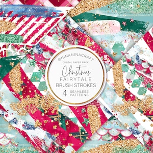 Weihnachtsmärchen Digital Papiere, Brush Strokes Seamless Patterns von NinaNinaCraft, Fabric Design, Rot, Grün, Gold Glitzer, Sparkles