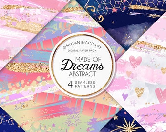 Unicorn inspired Brush Stroke Seamless Patterns, Abstract Rainbow Digital Papers by NinaNinaCraft, Surface Patterns with Hearts and Stars