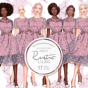 17 Fashion Girls Clip Art Pack, clipart de cabelo bastante natural, penteados, careca elegante, vestido brilhante, salto alto, gravata preta, loira, rosa, afro