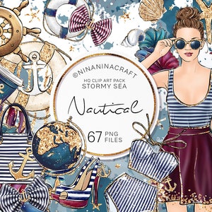 Nautische ClipArt, Meer Mode Planner Aufkleber, Mode Mädchen, Ozean Grafiken, Unterwasser Glitzer, Globus, Tasche, Fersen, Schleife, Anker, Sterne
