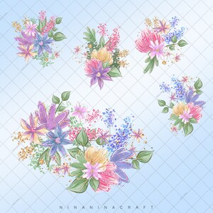 May include: A collection of watercolour floral bouquets in pink, purple, blue, and yellow, with green leaves and gold glitter. The bouquets are set against a light blue backdrop with a diamond pattern. The text "NINANINACRAFT" is at the bottom.