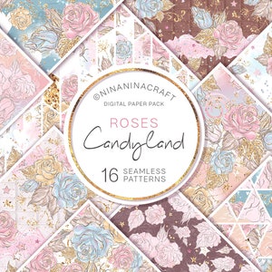 Papiers numériques Land of Candy, roses pastel, motifs sans couture, fleurs, papier de scrapbooking, tourbillons d'étoiles scintillantes, coeurs, arc-en-ciel rose et bleu