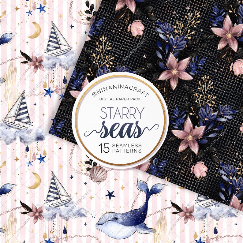 Starry Pattern Pack Starry Seas Seamless Pattern Pack, Glitter Nautical Digital Papers by ...