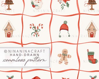 May include: A seamless Christmas pattern featuring watercolor illustrations of Santa Claus, gingerbread houses, candy canes, Christmas pudding, poinsettias, and a stocking. The design includes the text "NINANINACRAFT HAND-DRAWN seamless pattern" in a grid layout with red ribbon accents.