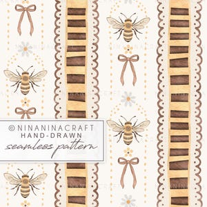 May include: A seamless pattern with bees, bows, and daisies on a cream background. Vertical stripes with a brown and tan honeycomb design alternate with scalloped edges. The text "NINANINACRAFT HAND-DRAWN seamless pattern" is in the lower left corner.