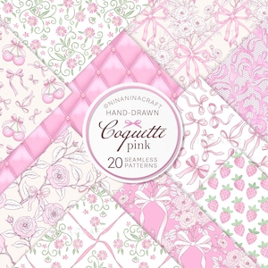 May include: A selection of 20 seamless pink patterns with bows, cherries, roses, and strawberries. The designs include a quilted pattern and floral elements. The image features the text "Coquette pink" and "Hand-drawn" within a circular logo.