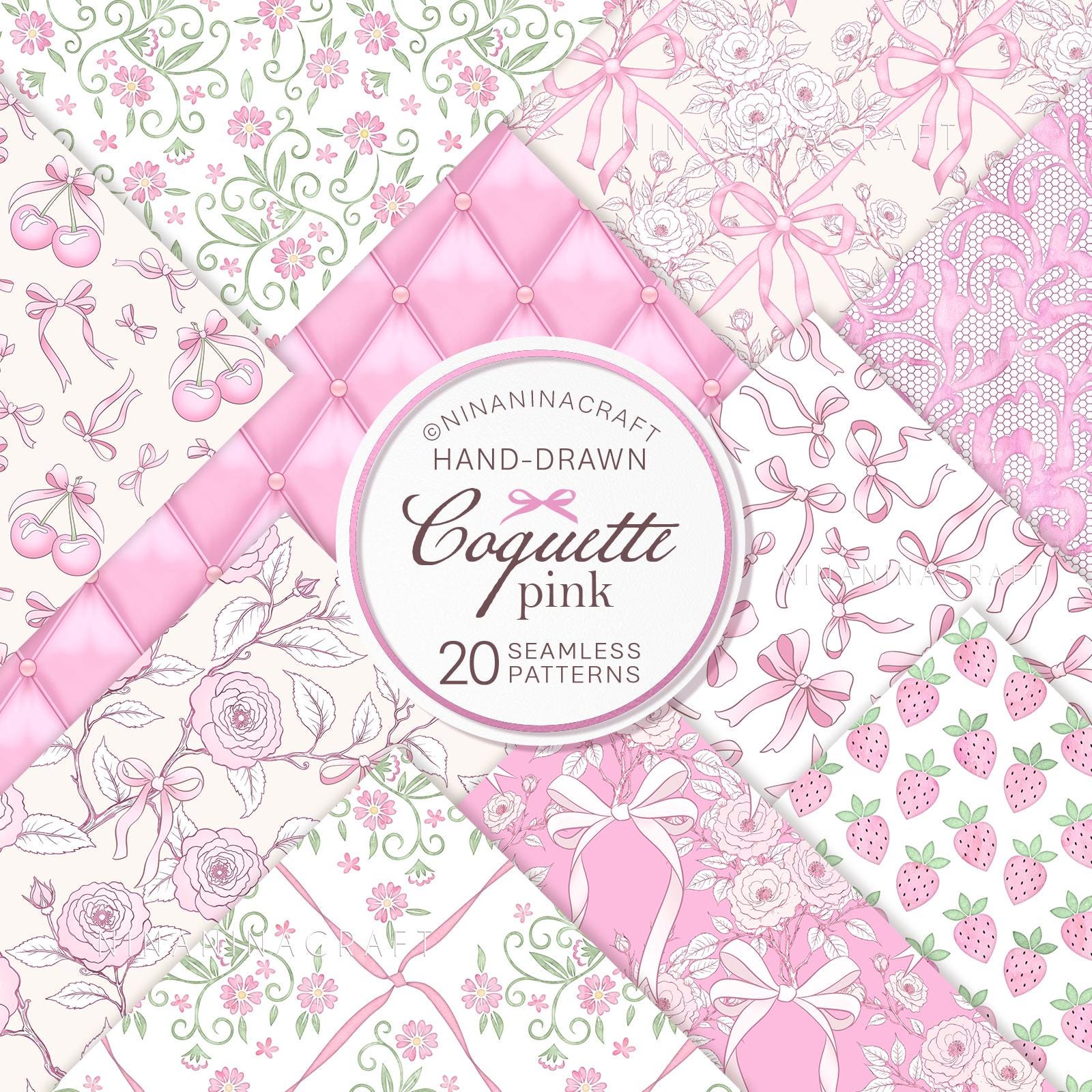 by NinaNinaCraft Pink Coquette Bows Seamless Pattern Pack, Digital Papers Bundle, Floral Toile, Chinoiserie, Lace, Roses, Cherry, Strawberry