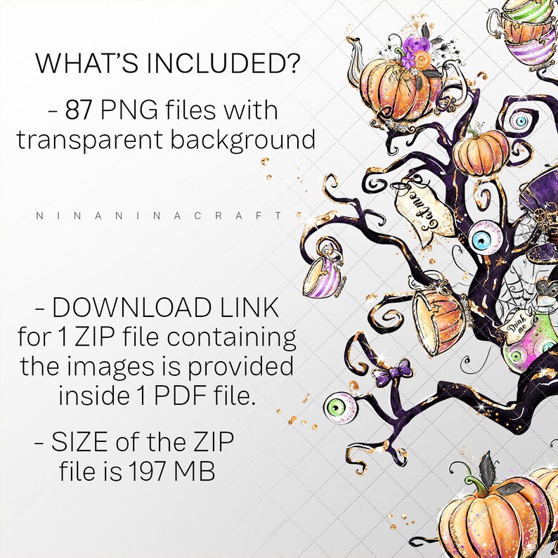 May include: A digital illustration of a spooky tree with pumpkins, teacups, and eyeballs. The tree is decorated with gold glitter and the text "Cat Me" is written on a sign hanging from a branch. The text "What's Included?" is written at the top of the image, followed by a list of details about the digital download.