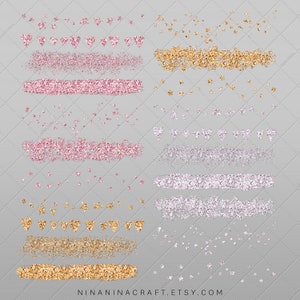 May include: A digital clipart set featuring gold, pink, and silver glitter in various shapes, including stars, hearts, and brushstrokes. The set includes a variety of sizes and styles of glitter elements, perfect for adding a touch of sparkle to your digital projects.