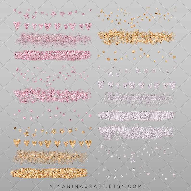 May include: A digital clipart set featuring gold, pink, and silver glitter in various shapes, including stars, hearts, and brushstrokes. The set includes a variety of sizes and styles of glitter elements, perfect for adding a touch of sparkle to your digital projects.