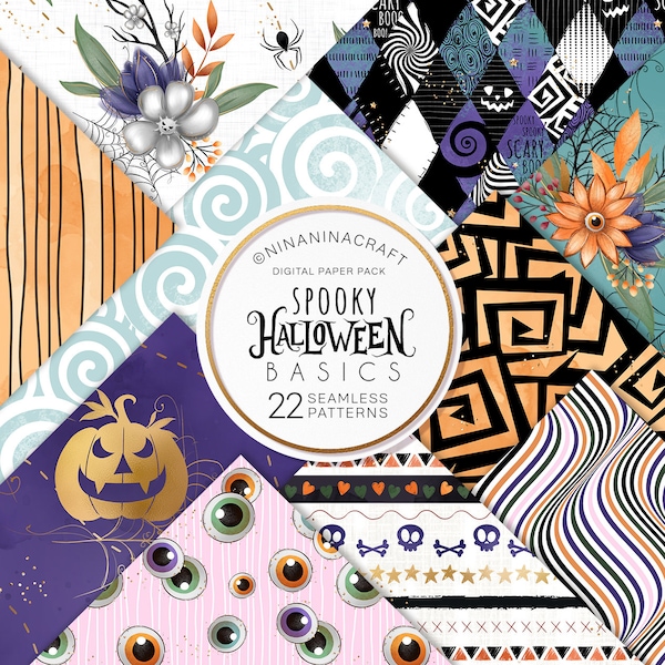 Cute Halloween Seamless Pattern Pack, Spooky Digital Papers by NinaNinaCraft, Fabric Design, Cute Pumpkin, Swirls, Stripes, Optical Illusion