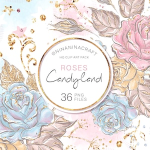 Land der Candy Rosen Clip Art, Pastell Blumen Clipart, Regenbogen Rosa Blau Gold Glitzer Planner Aufkleber, Planer Grafikelemente, Einladung