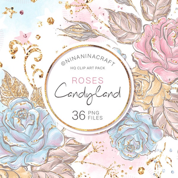 Land of Candy Roses Clip Art, Clipart de fleurs pastel, autocollants de planificateur de paillettes d’or bleu rose arc-en-ciel, éléments graphiques de planificateur, invitation