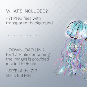 May include: Digital art graphic of a jellyfish in shades of blue, teal, and purple with gold accents. The image includes the text "WHAT'S INCLUDED?" and details about the digital files, including 71 PNG files with transparent backgrounds.