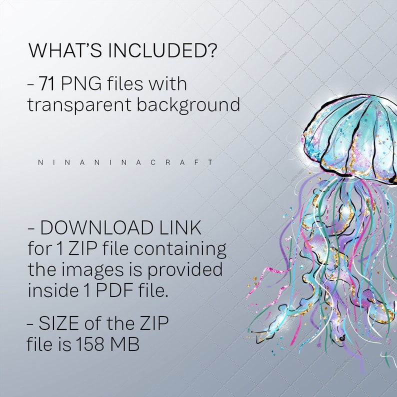 May include: Digital art graphic of a jellyfish in shades of blue, teal, and purple with gold accents. The image includes the text "WHAT'S INCLUDED?" and details about the digital files, including 71 PNG files with transparent backgrounds.