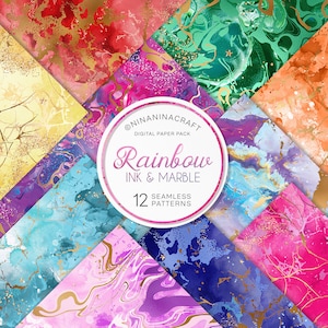 Puede incluir: Un paquete de papel digital con 12 patrones sin costuras que presentan diseños de tinta arcoíris y mármol. Los patrones están en varios tonos de azul, verde, rosa, morado y amarillo con acentos dorados. El texto "Rainbow Ink & Marble" y "12 Seamless Patterns" se muestra en un círculo blanco.