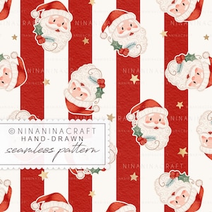 Puede incluir: Un patrón navideño sin costuras con caras de Papá Noel, acebo y estrellas doradas sobre un fondo a rayas rojas y blancas. El texto "Ninaninacraft Hand-Drawn seamless pattern" es visible en la imagen.