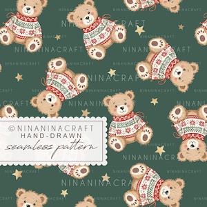 May include: A seamless pattern on a dark green background featuring light brown teddy bears wearing red, white, and green patterned sweaters, interspersed with small gold stars and the repeating text NINANINACRAFT and a label with text.