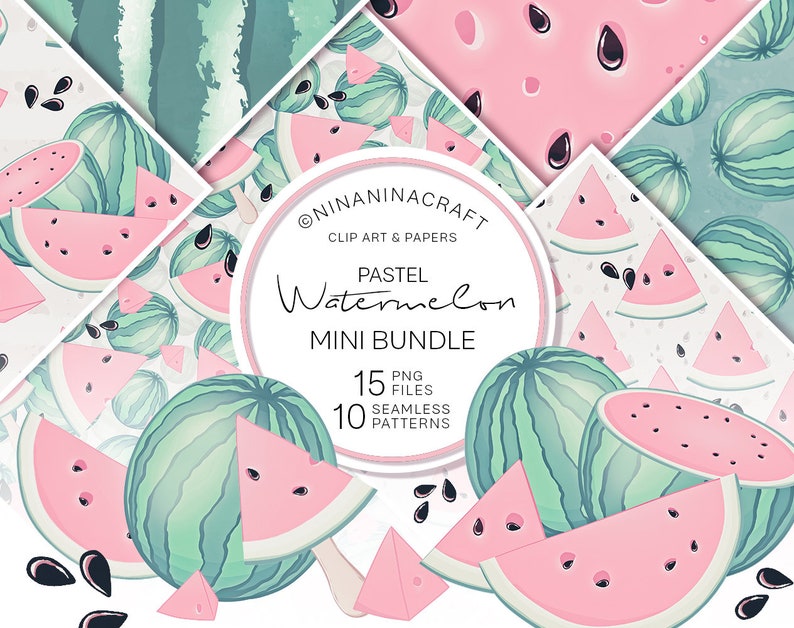 Summer Fruit Seamless Patterns Pastel Cute Watermelon Clip Art Watermelon Digital Papers Watermelon Slices Clipart Instant Download PNG