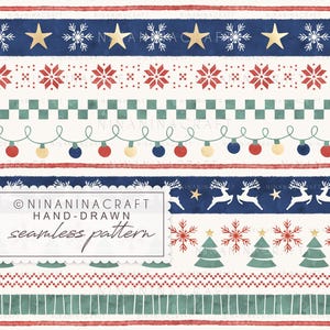 May include: A seamless digital pattern featuring horizontal bands of holiday motifs including gold stars, white snowflakes, red geometric flowers, green checkerboards, colorful string lights, white reindeer, and green Christmas trees on a white background.