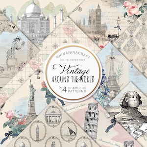 Vintage Travel Digital Papers, bezszwowe wzory World Landmarks Map firmy NinaNinaCraft, papier do scrapbookingu, Eiffel, róże, piramidy, Londyn