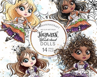 May include: Four digital illustrations of Halloween-themed dolls with intricate details. Each doll is dressed in a purple and white dress with black and white accents. The dolls have different hairstyles and skin tones. The background is a white watercolor wash with gold glitter and spiderwebs.