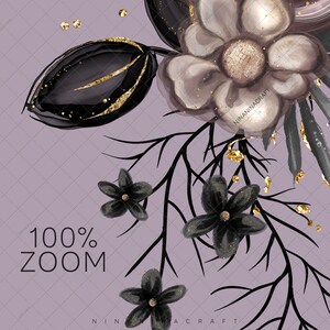 Peut inclure: Illustration num&eacute;rique d'un motif floral avec des accents noirs et dor&eacute;s. L'image comprend de grandes fleurs de couleur claire avec des d&eacute;tails dor&eacute;s, des feuilles noires et de plus petites fleurs noires. Le texte "100% ZOOM" est visible.
