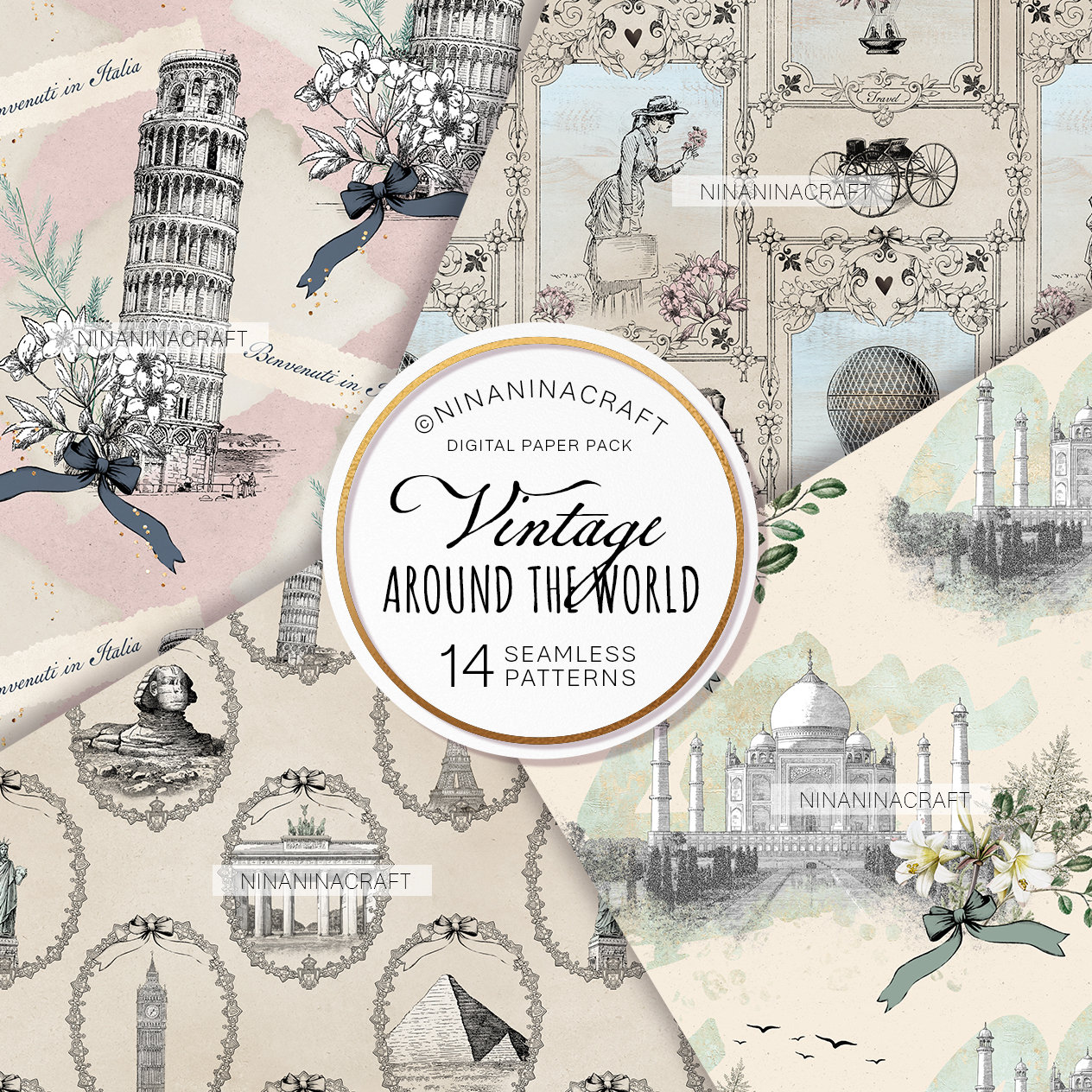 Vintage Travel Digital Papers World Landmarks Map Seamless Etsy