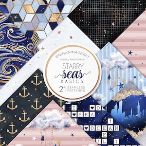 May include: A digital paper pack with 21 seamless patterns featuring a nautical theme with stars, anchors, clouds, and the words "I love sea" and "Ocean".
