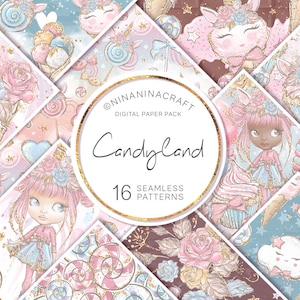 Papéis digitais Land of Candy, padrões fofos de doces sem costura, unicórnio arco-íris pastel, rosas, menina brilhante, algodão doce, doces, tecido personalizado