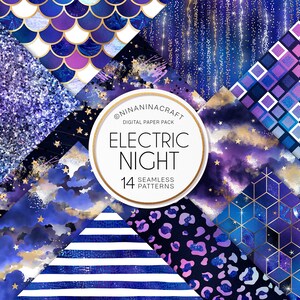 Papiers numériques de nuit électrique, modèles sans couture Glitter Galaxy par NinaNinaCraft, Stardust, Nuit étoilée, Étoiles, Étincelles, Ciel