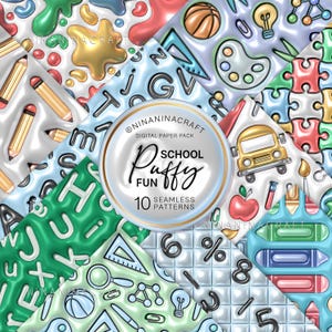 Av NinaNinaCraft 3D Uppblåst Puff Seamless Mönsterpaket, Pojke Tillbaka till skolan, Bubbelplast Digitala Papper, Kritor, Svarta Tavlan, Bokstäver