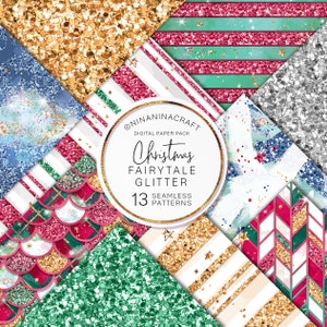 Christmas Glitter Digital Papers, Handpainted & Realistic Glitter Seamless Patterns by NinaNinaCraft, Red, Green, Gold Stripes, Candy Cane