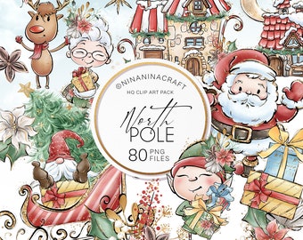 Cute Santa Claus Clip Art, Christmas Elf and Reindeer Clipart by NinaNinaCraft, Mrs. Claus Digital Planner Stickers