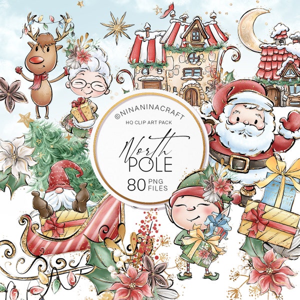 Schattige Kerstman illustraties, kerstelf en rendieren clipart door NinaNinaCraft, mevrouw Claus digitale planner stickers