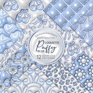 Könnte beinhalten: Ein digitales Papierpaket mit 12 nahtlosen Mustern in Blau und Weiß. Designs umfassen Schleifen, Kirschen, Herzen, Blumen und gesteppte Texturen. Das Paket trägt den Titel "Coquette Puffy Blue" von NinaninaCraft.