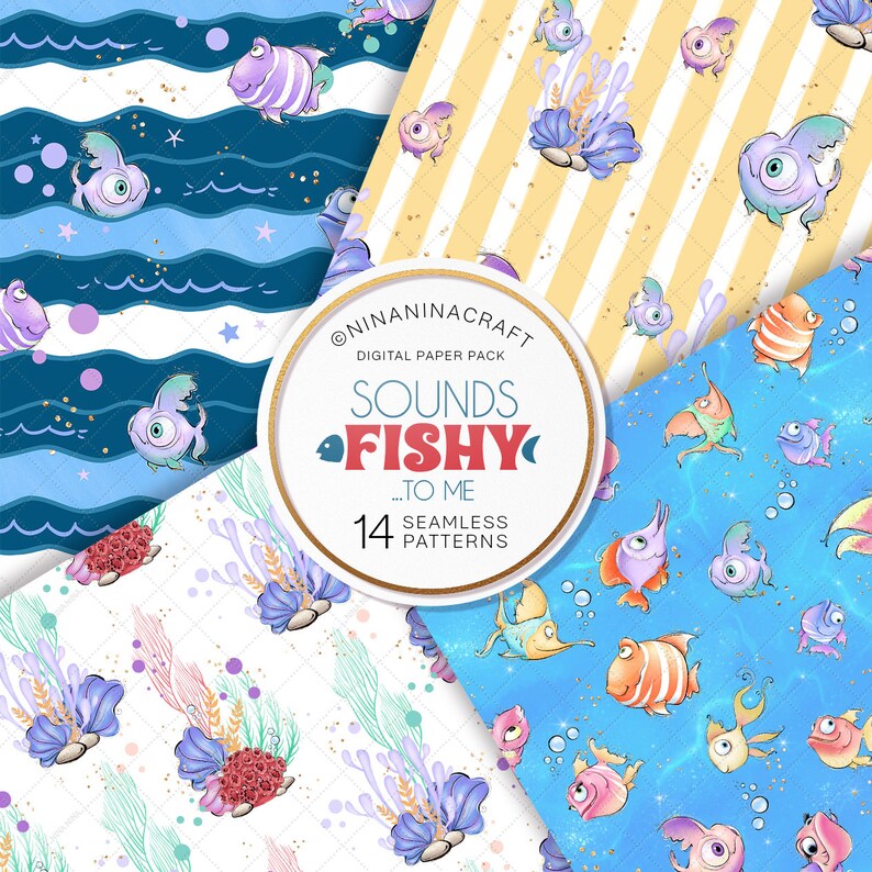 Cute Fish Seamless Patterns, Summer Underwater Digital Papers by ...