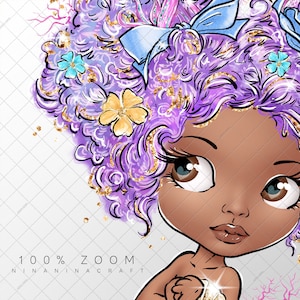 May include: Illustration of a cartoon character with brown skin, large eyes, and curly purple hair adorned with flowers and a blue bow. Gold glitter accents the hair. The text "100% ZOOM" and "NINANINACRAFT" are at the bottom.