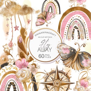 Niedliche Schmetterlinge und Regenbogen Clip Art Pack, Glitter Planner Stickers von NinaNinaCraft, Wolken, Sterne, Herzen, Blumen, Blush und Gold