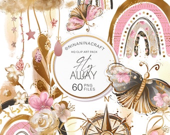 Cute Butterflies and Rainbows Clip Art Pack, Glitter Planner Stickers by NinaNinaCraft, Clouds, Stars, Hearts, Flowers, Blush and Gold