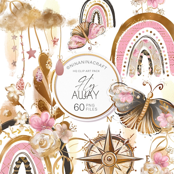 Cute Butterflies and Rainbows Clip Art Pack, Glitter Planner Stickers by NinaNinaCraft, Clouds, Stars, Hearts, Flowers, Blush and Gold