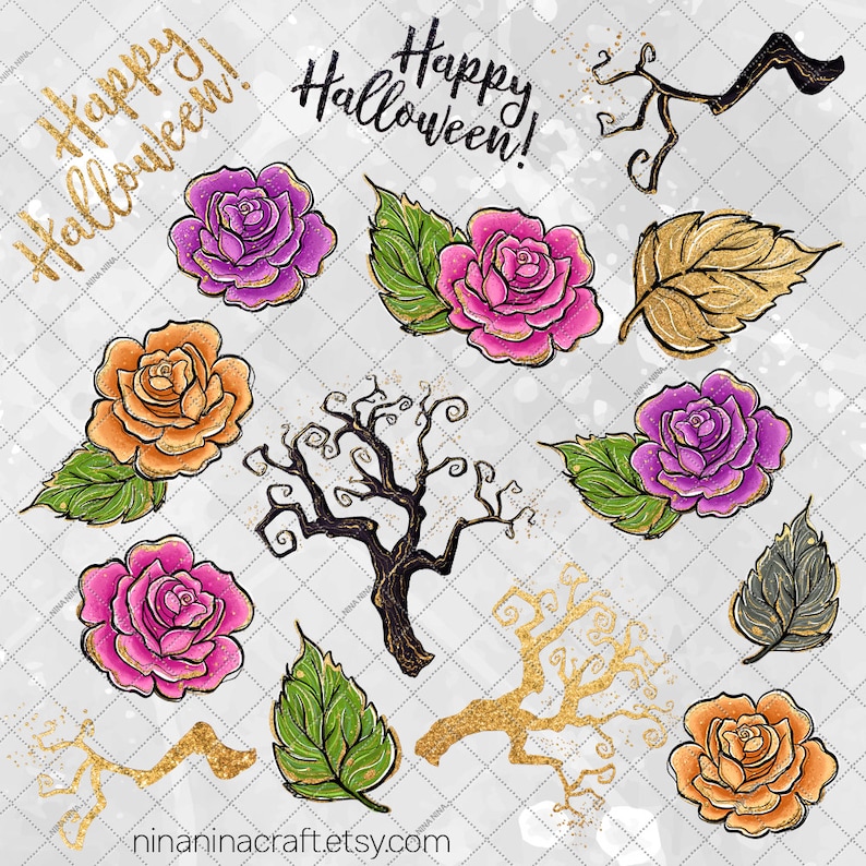 May include: A set of digital illustrations featuring a spooky Halloween theme. The illustrations include a bare tree with twisting branches, leaves, and roses in shades of pink, purple, and orange. The text "Happy Halloween!" is written in gold glitter.